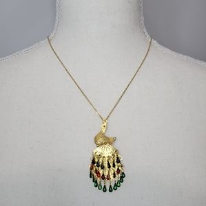 Dainty Gold Tone Peacock Medallion & Brooch Convertible Necklace -Blue/Red/Green